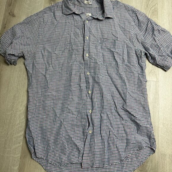 Peter Millar Mens Blue Pink Plaid Silk Linen Short Sleeve Button Up Shirt Sz L - Picture 2 of 10